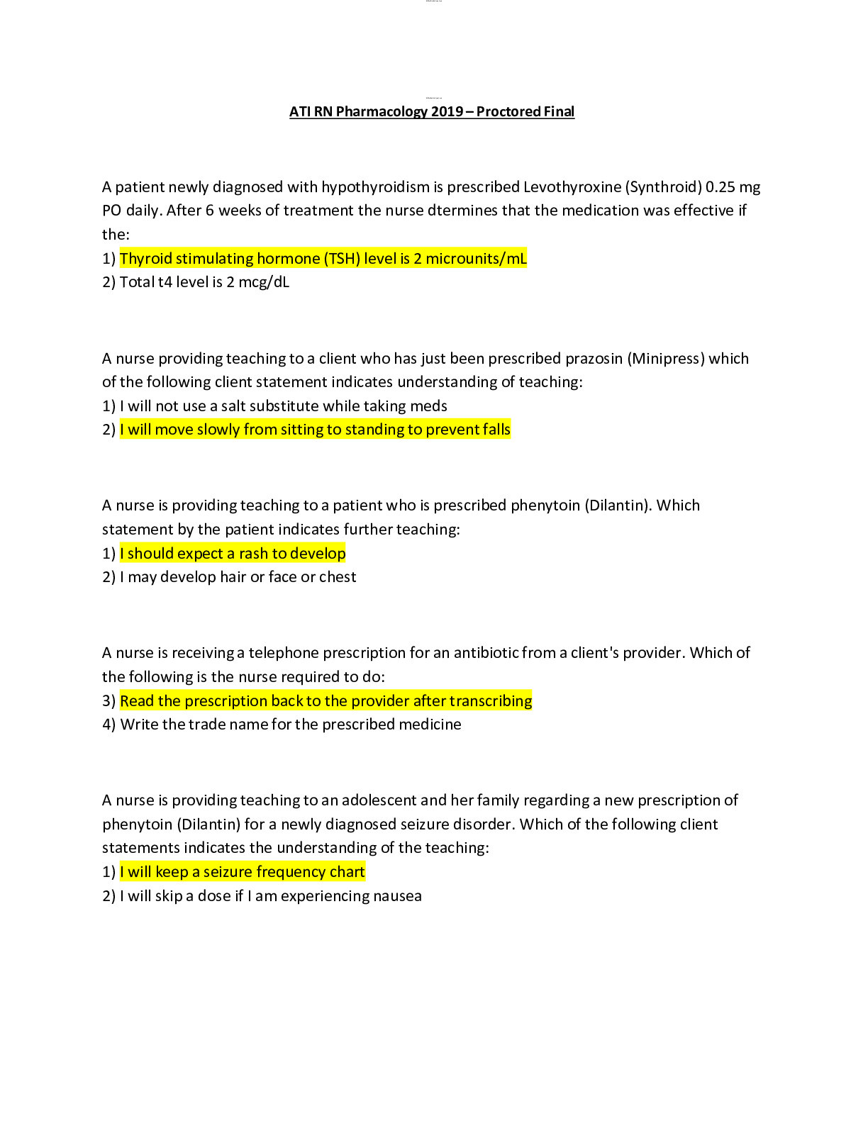 ATI RN Pharmacology 2019  Proctored Final Exam( All Correct)