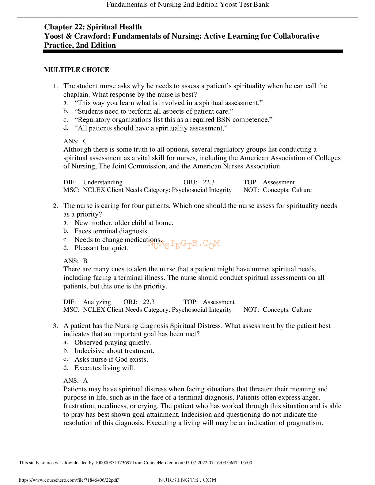 Chapter 22: Spiritual Health Yoost & Crawford: Fundamentals of Nursing: Active Learning for Collaborative Practice, 2nd Edition