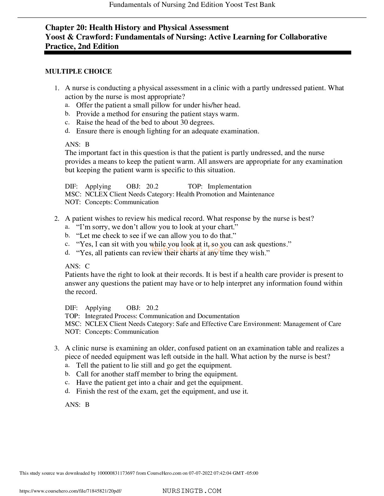 Chapter 20: Health History and Physical Assessment Yoost & Crawford: Fundamentals of Nursing: Active Learning for Collaborative Practice, 2nd Edition