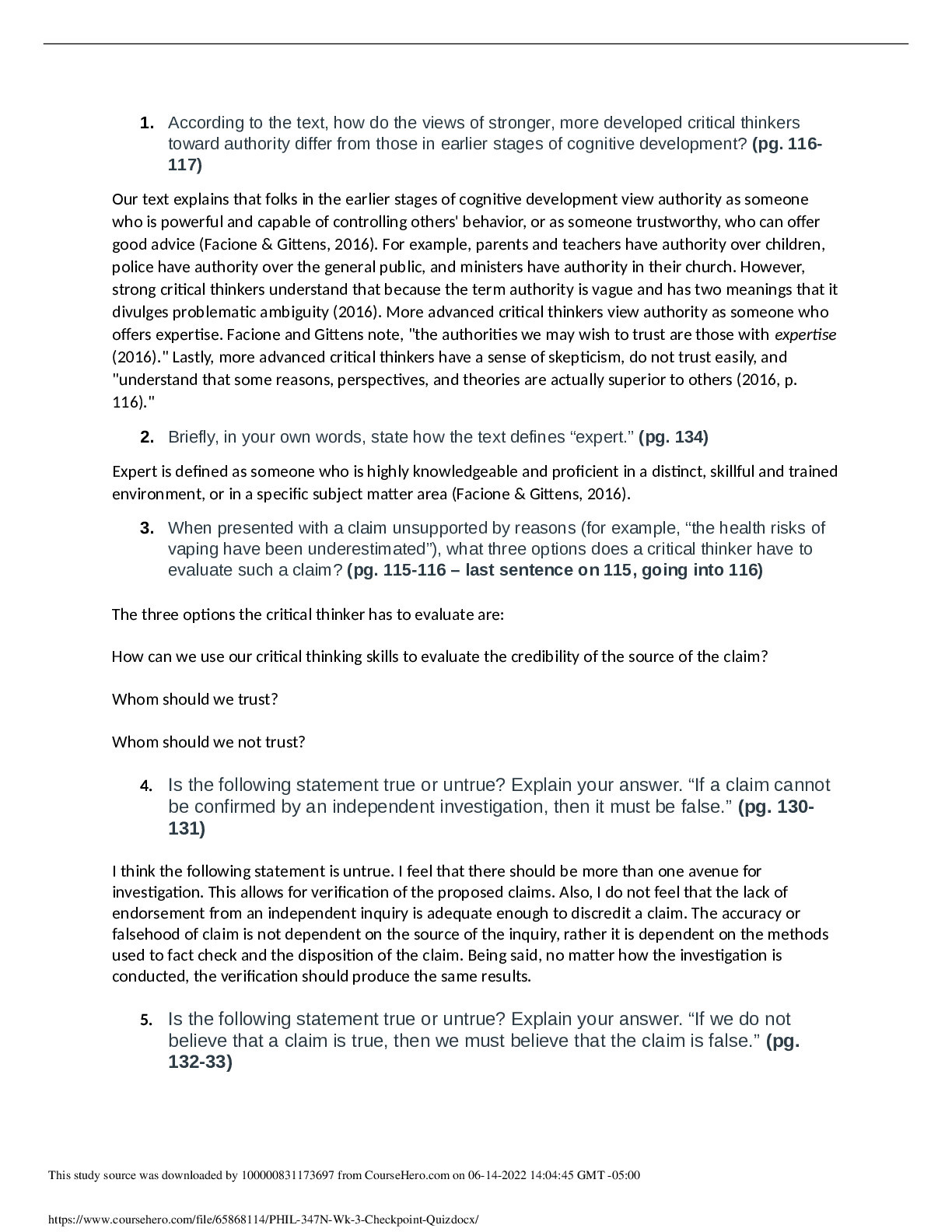 PHIL 347N - Wk 3 Checkpoint Quiz.