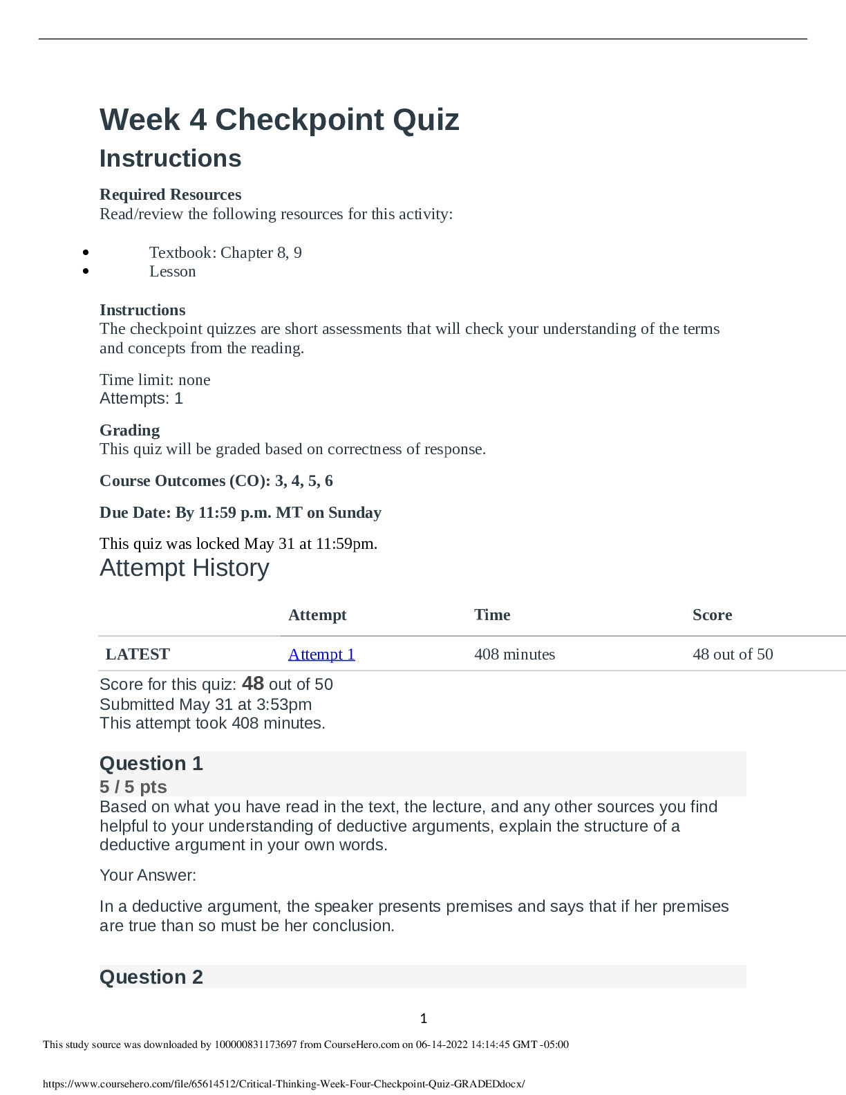 Critical Thinking Week Four Checkpoint Quiz_GRADED.