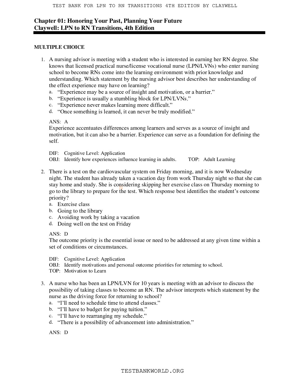 LPN to RN Transitions 4th Edition Claywell TBW Test Bank