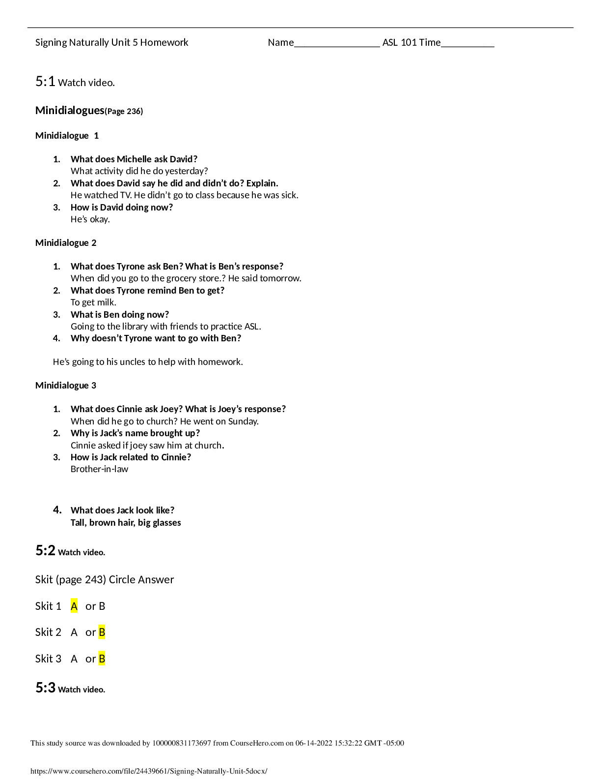 ASL 101 Signing Naturally Unit 5 Verified Solution