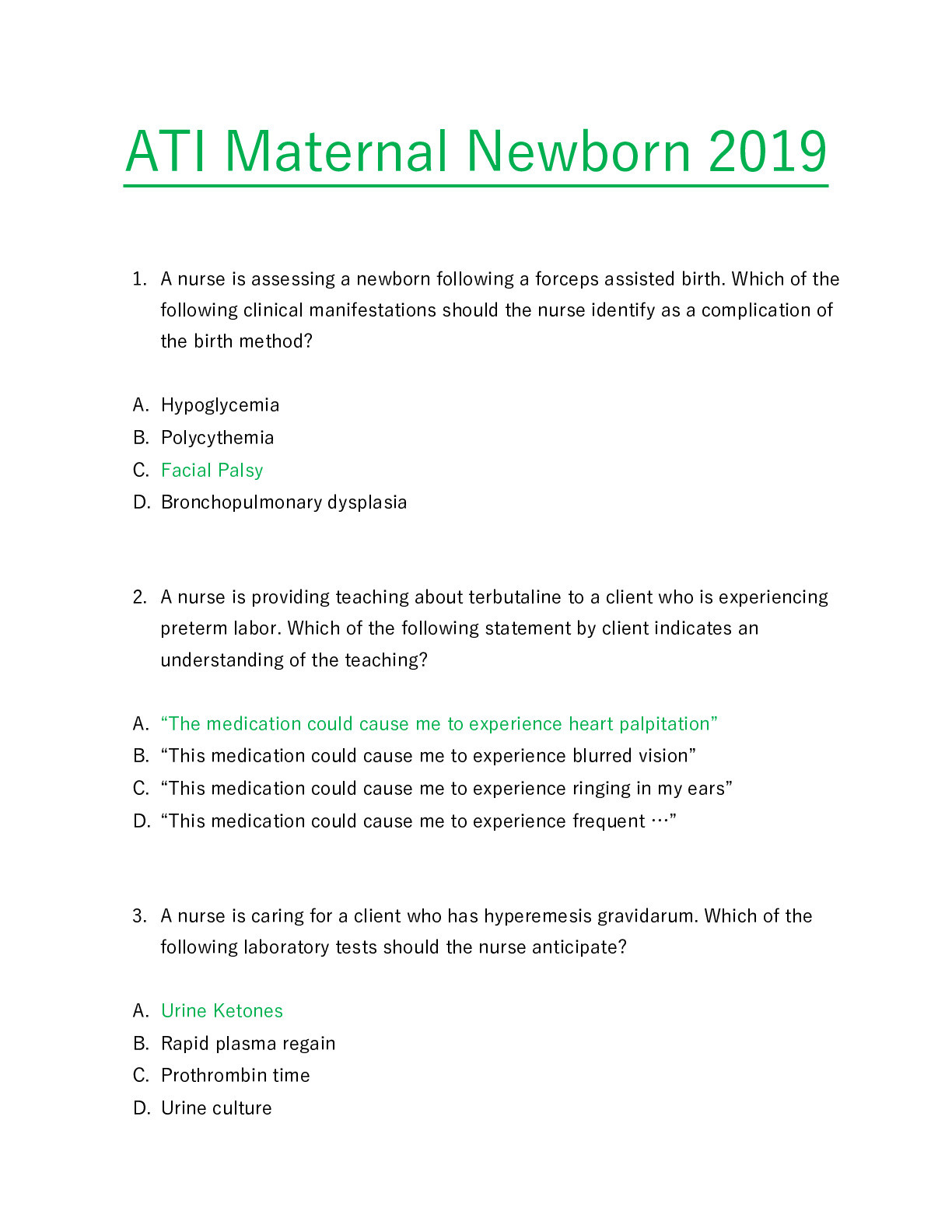 ATI MATERNAL NEWBORN PROCTORED 2019 EXAM WITH 69 QUESTIONS AND VERIFIED ANSWERS