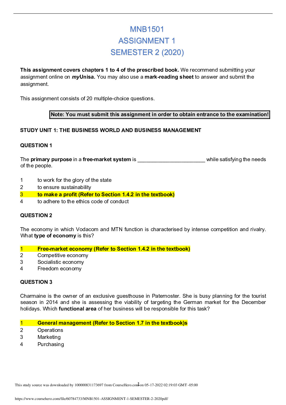 MNB1501 ASSIGNMENT 1 SEMESTER 2