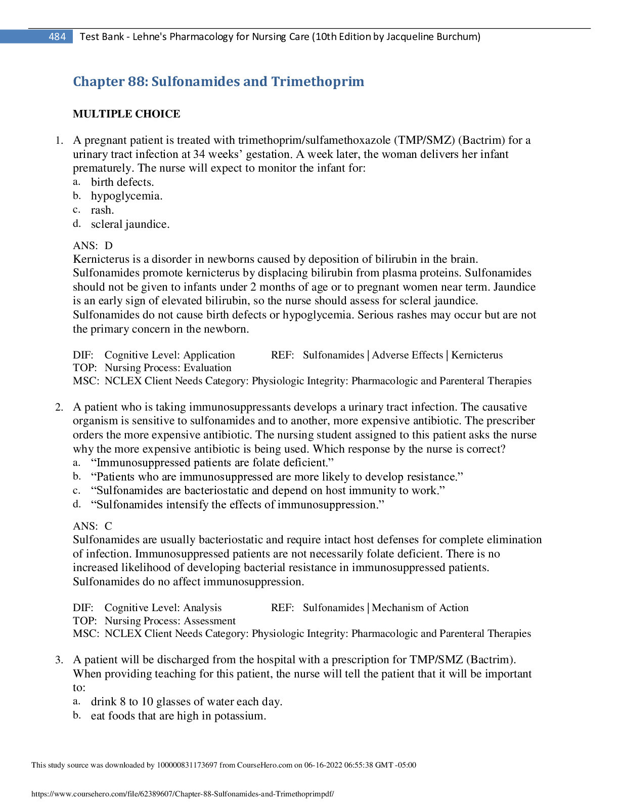 Test Bank - Lehne's Pharmacology for Nursing Care (10th Edition ) Chapter 88: Sulfonamides and Trimethoprim