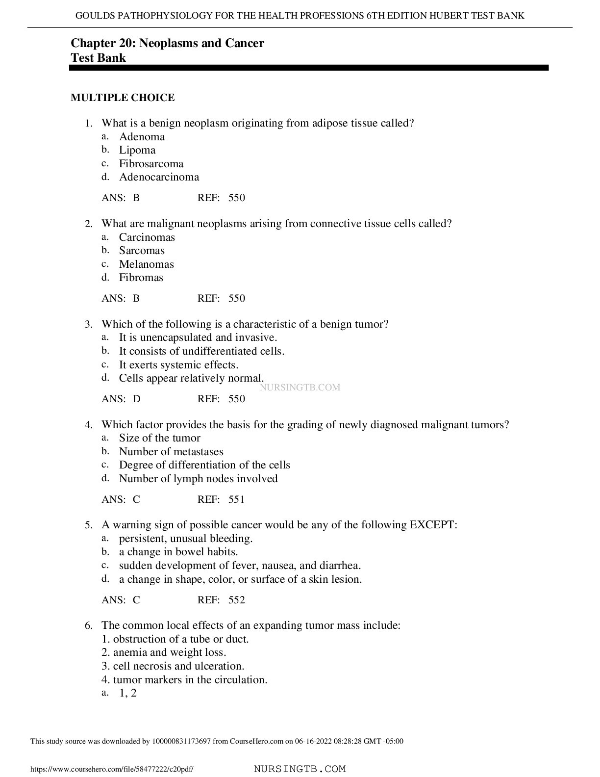 Chapter 20: Neoplasms and Cancer Test Bank