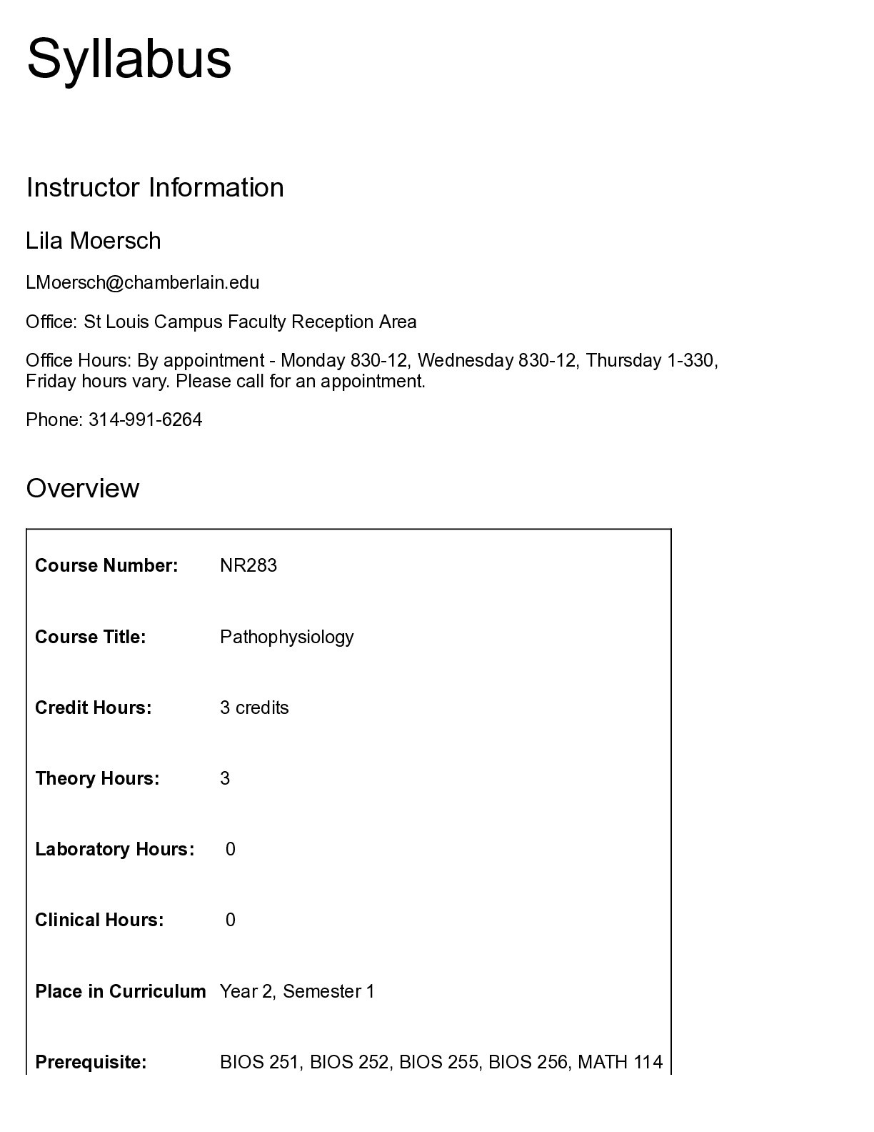 NR283 : Pathophysiology - SYLLABUS