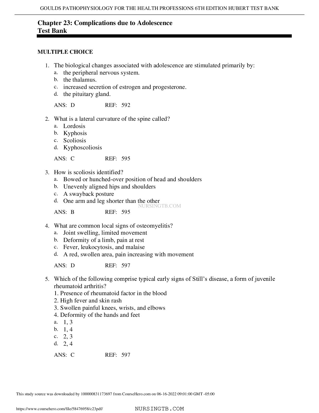 Chapter 23: Complications due to Adolescence Test Bank