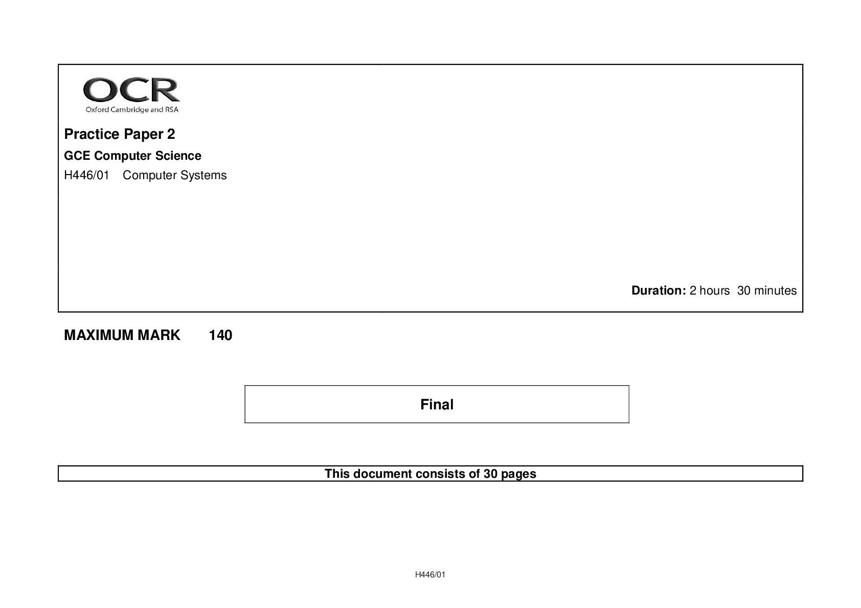 Computer Science : Practice Paper 2 GCE  H446/01 Computer Systems A2Dec16MS