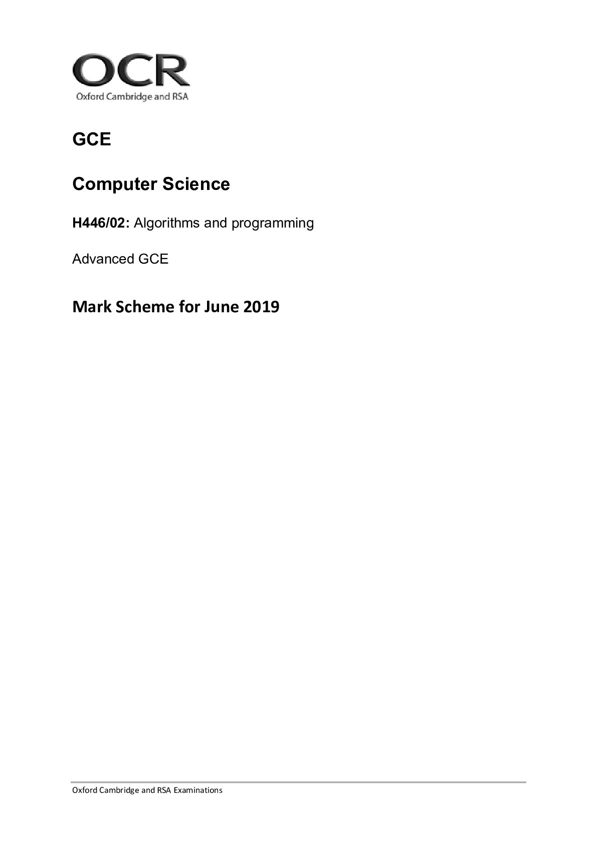 Computer Science Markscheme.199125946 H446/02: Algorithms and programming Advanced GCE