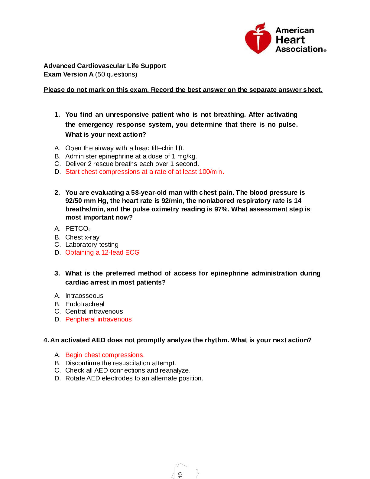 Advanced Cardiovascular Life Support Exam Version A